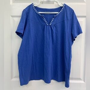 NWOT Talbots Blue White Embroidered Cotton V-Neck Womens Plus T-Shirt Blouse Top